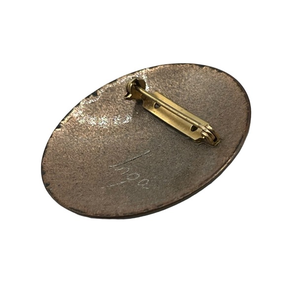 Vintage MCM Inga Green Yellow Abstract Flower Enamel on Copper Round Brooch Pin - Picture 6 of 7